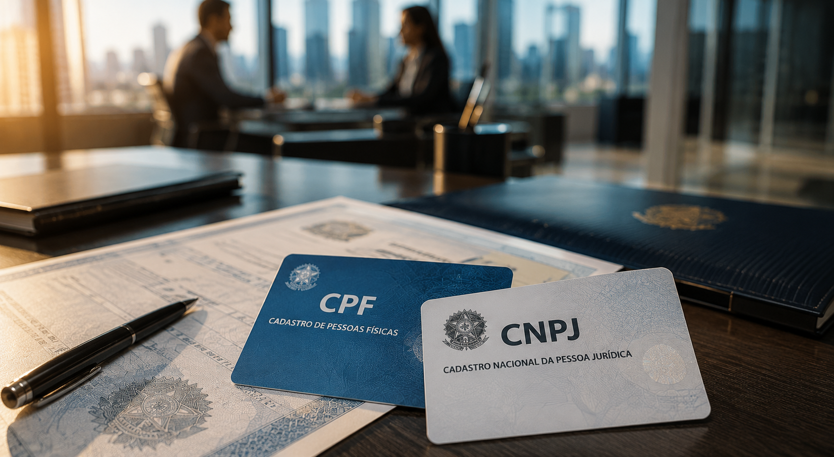 CPF e CNPJ sobre mesa executiva, com skyline de São Paulo ao fundo